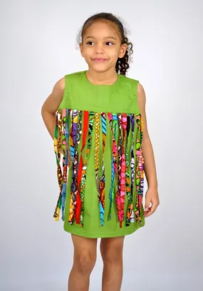 African Ankara Kids Tassel Green Dress - African Clothing Store | JT Aphrique