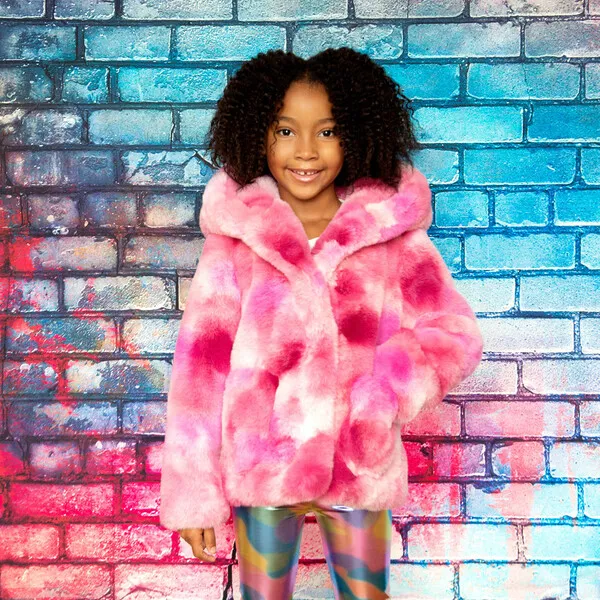 Appaman Cleo Hooded Faux Fur Camo Coat, Pink Fizz