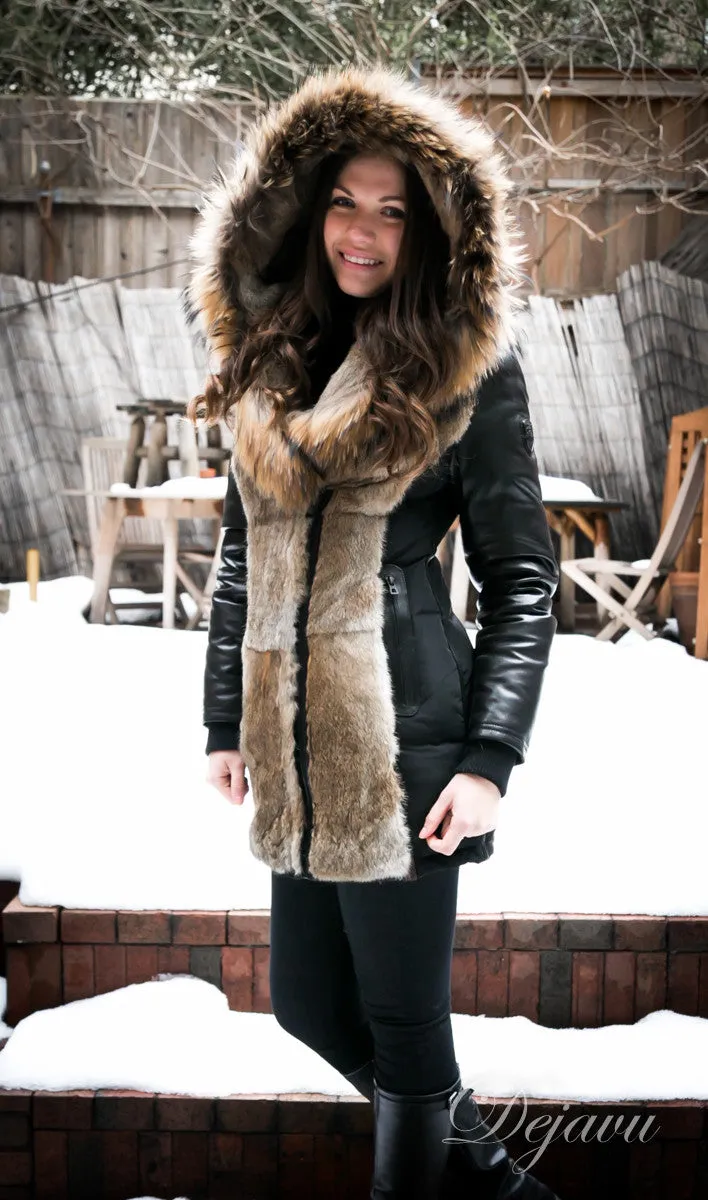 Arly Leather Sleeved Parka With Fur Trim