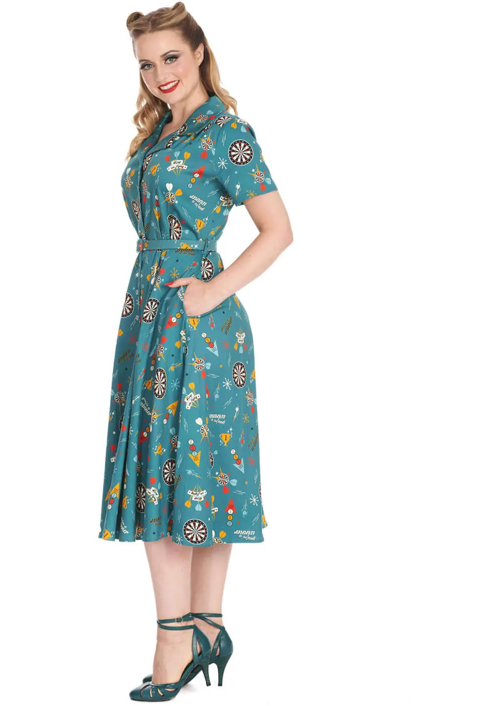 Banned Keep 'm Flying Darts 50's Swing Dress Teal