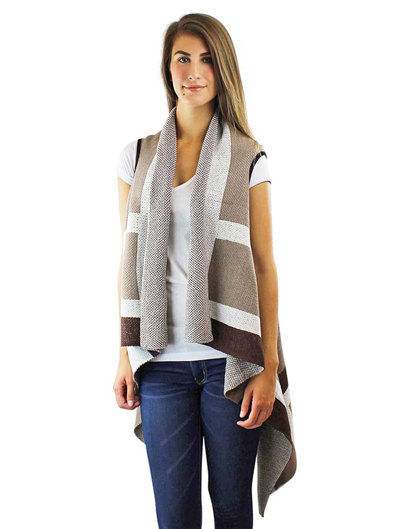 Beige & Taupe Sleeveless Long Draped Sweater Vest