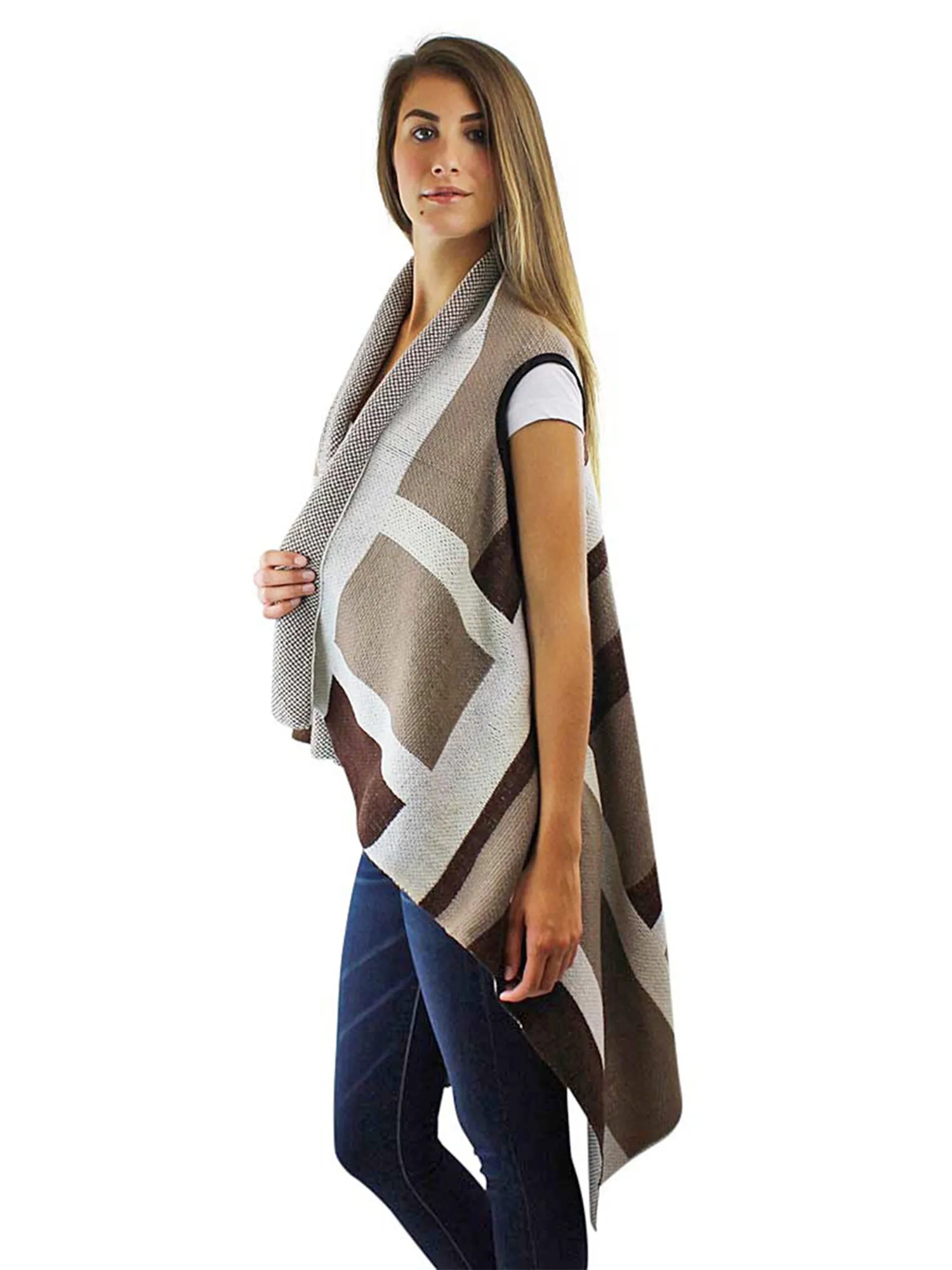 Beige & Taupe Sleeveless Long Draped Sweater Vest