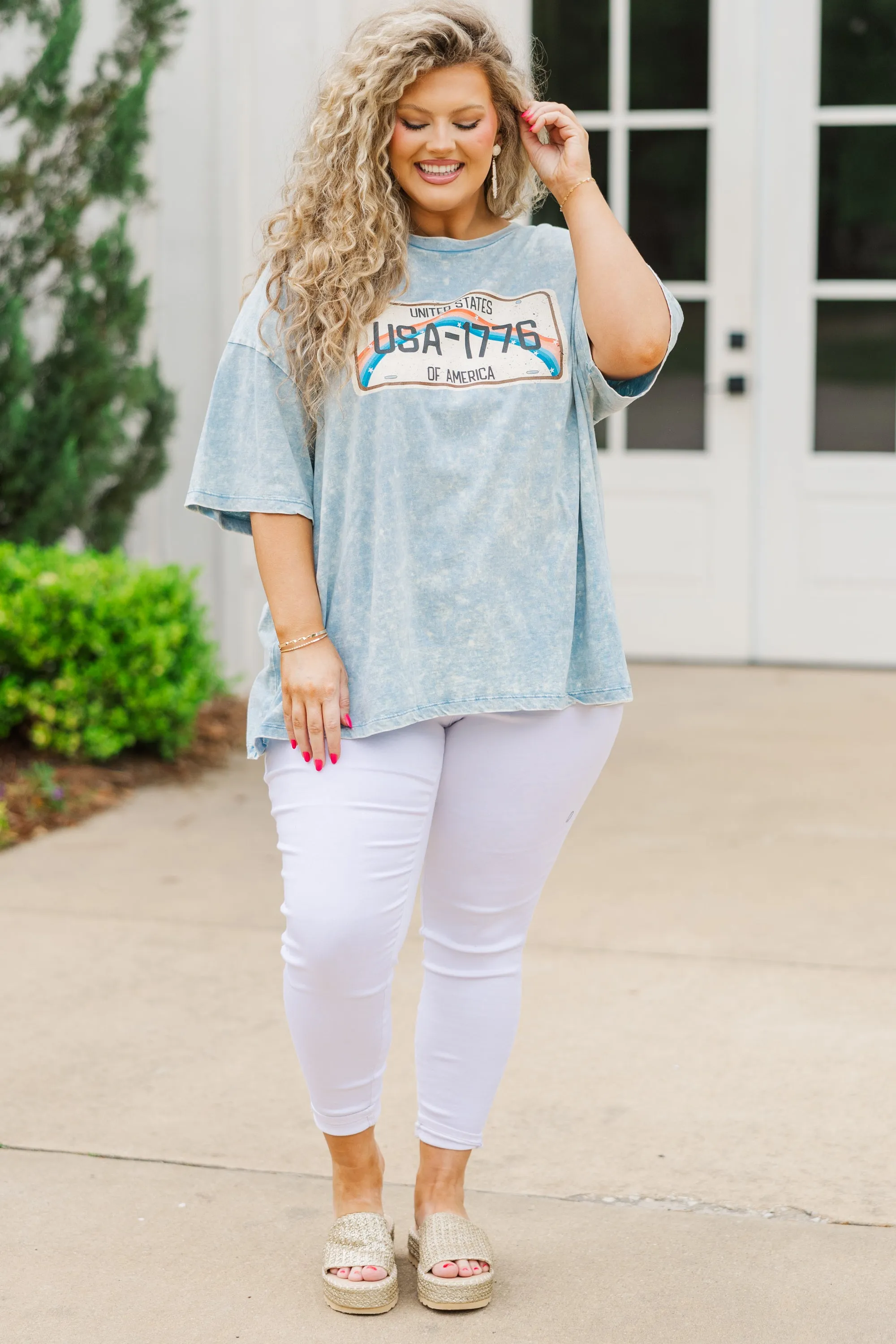 Born In 1776 Acid Wash Boyfriend Tee, Ice Blue