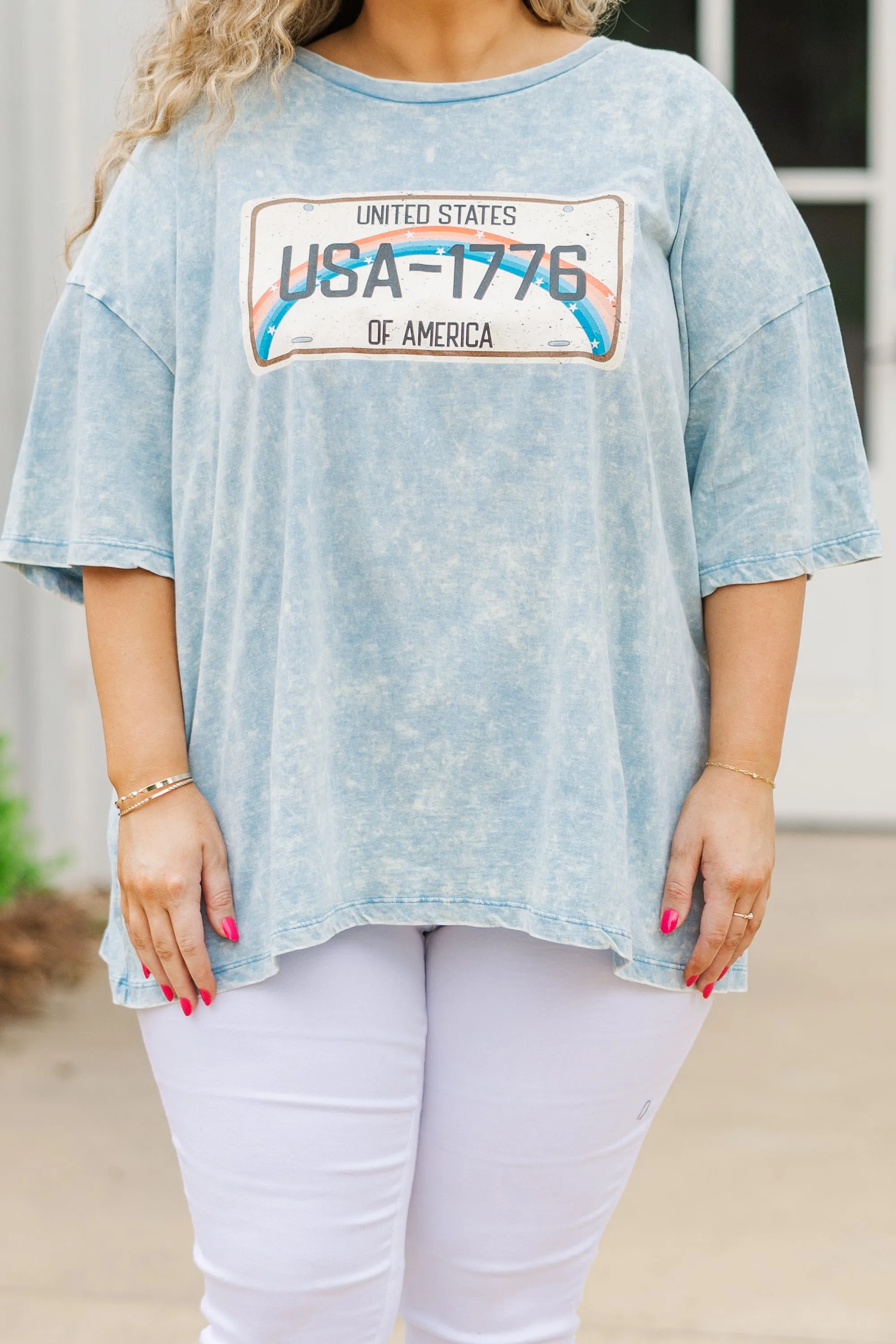 Born In 1776 Acid Wash Boyfriend Tee, Ice Blue