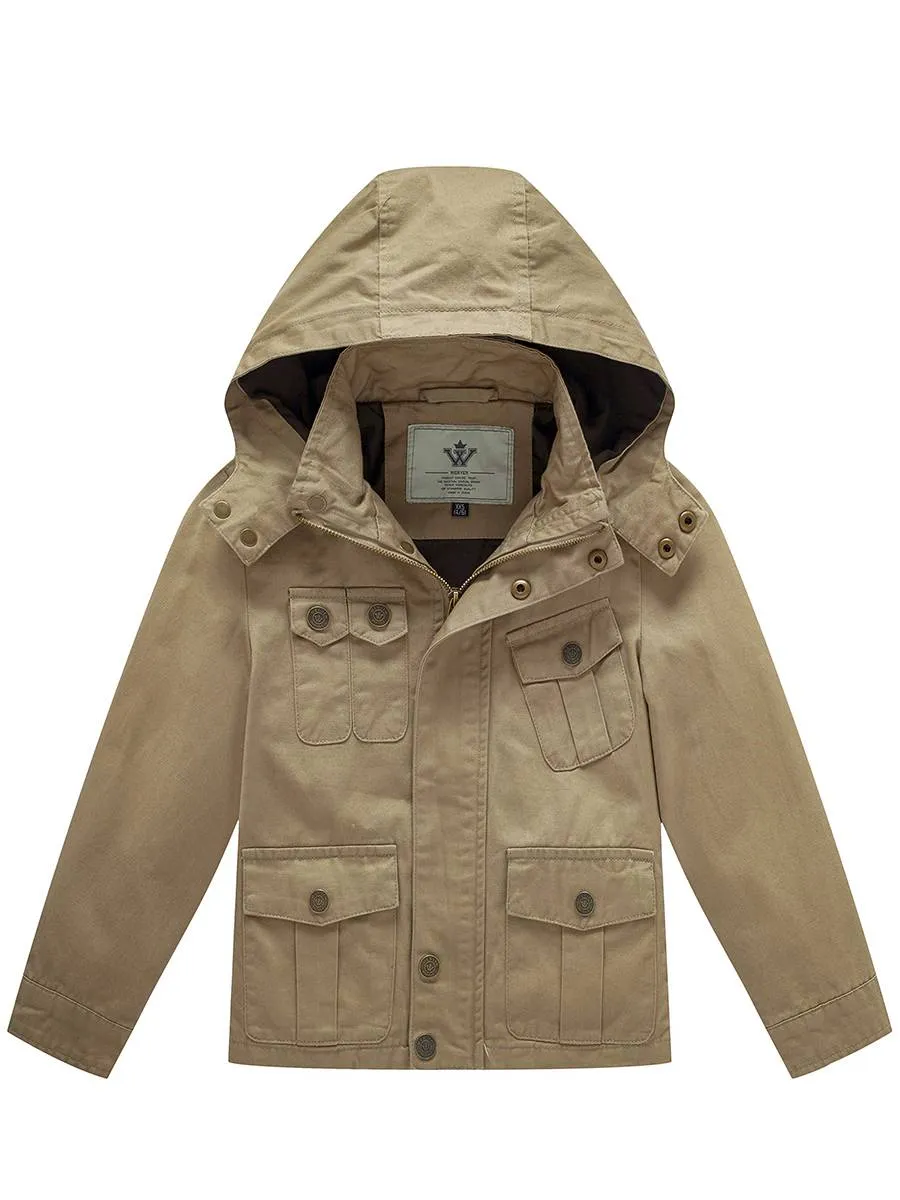 Boy's Lightweight Casual Cotton Military Jacket Outerwear with Hood