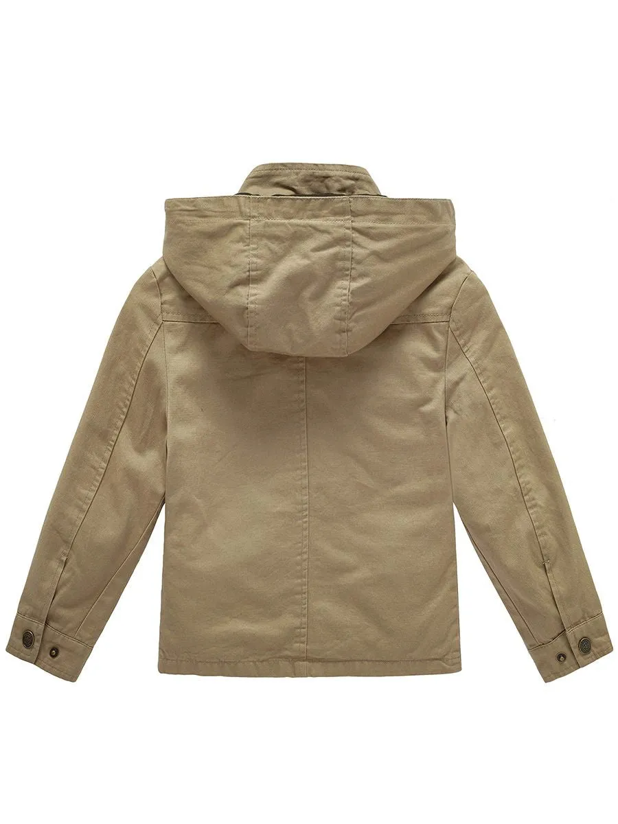 Boy's Lightweight Casual Cotton Military Jacket Outerwear with Hood