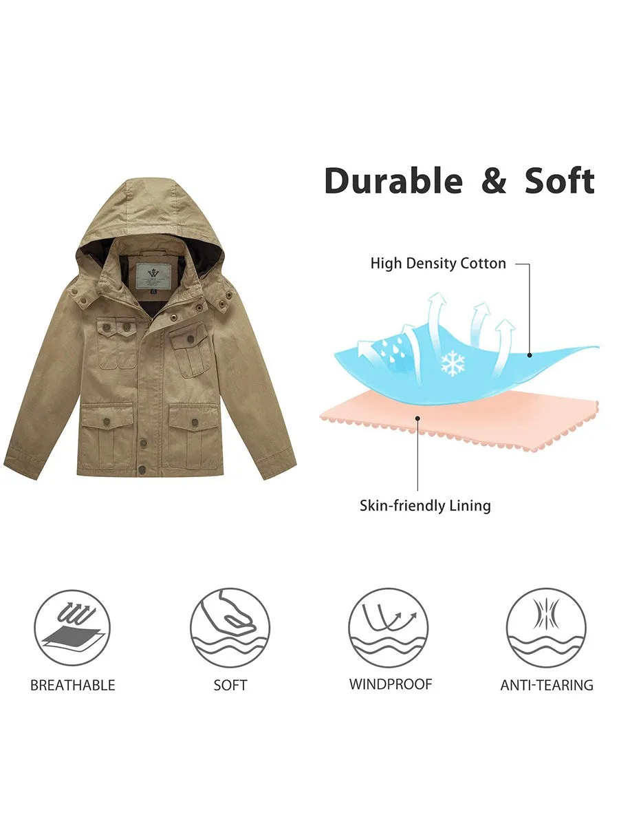 Boy's Lightweight Casual Cotton Military Jacket Outerwear with Hood