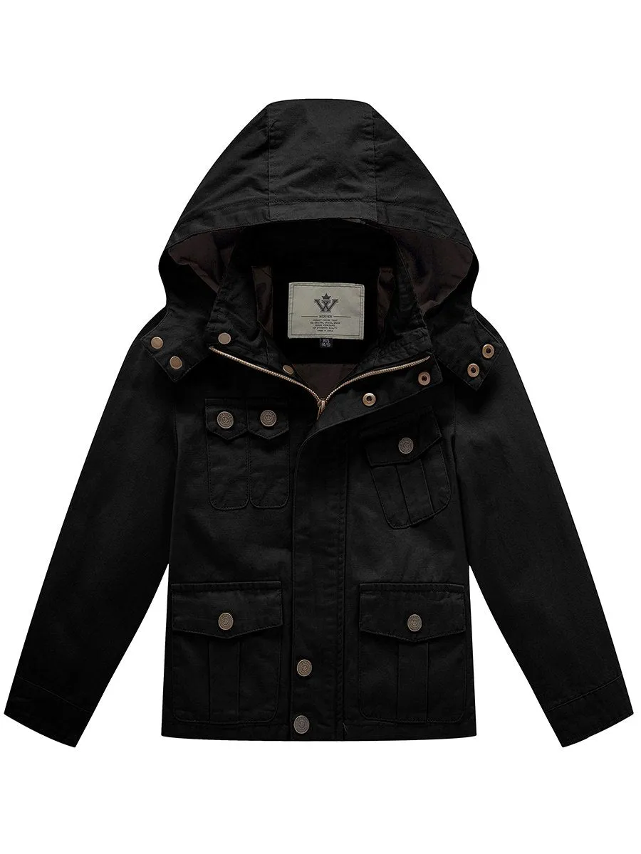 Boy's Lightweight Casual Cotton Military Jacket Outerwear with Hood