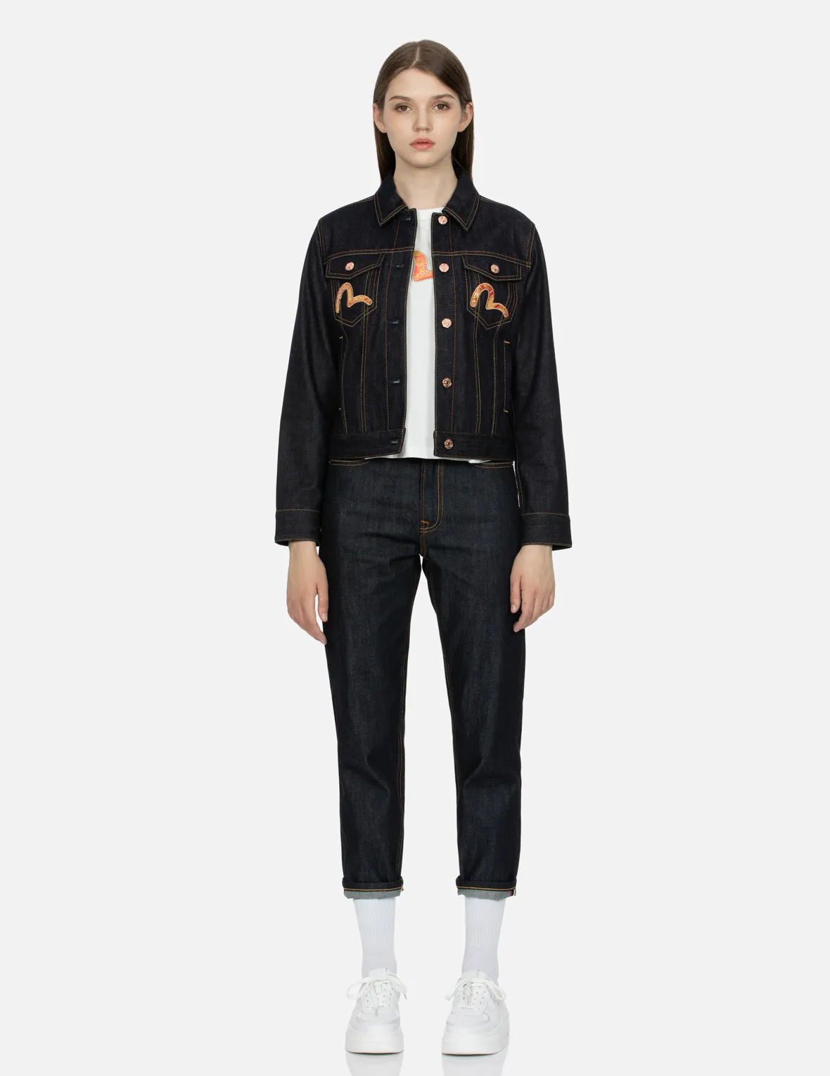 Brocade Seagull and Daicock  Appliqué Regular Fit Denim Jacket