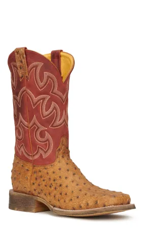 Cavender's Men's Red and Rustic Tan Ostrich Print Square Toe Cowboy Boots