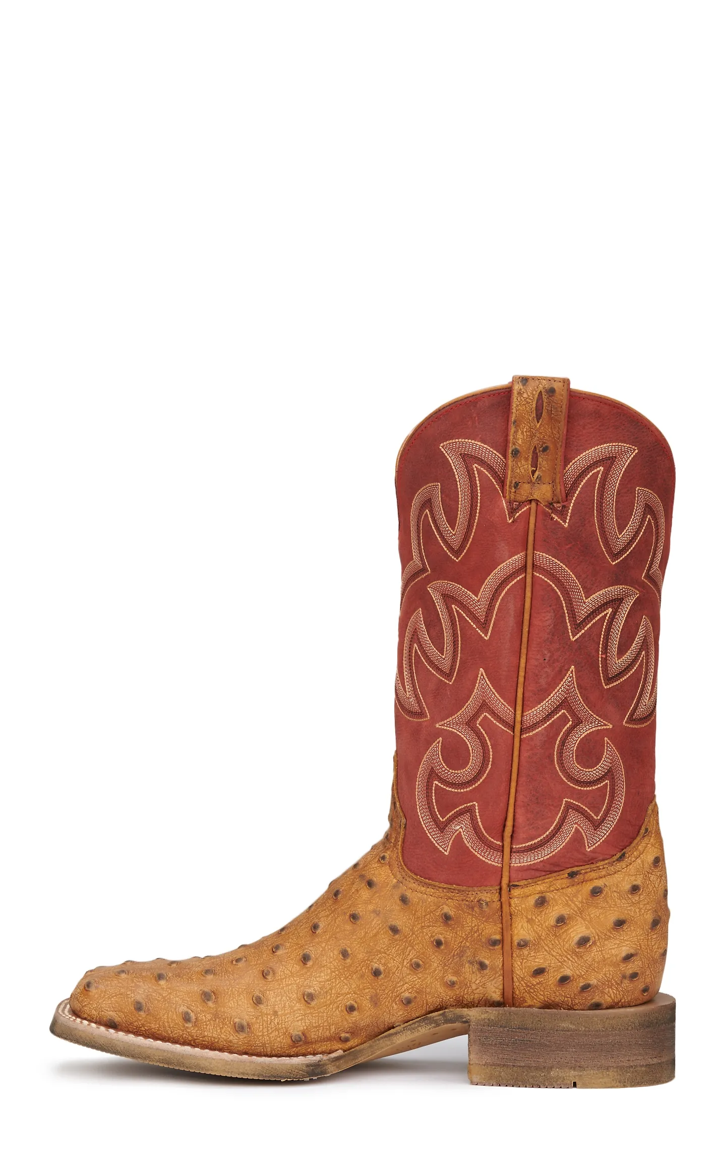 Cavender's Men's Red and Rustic Tan Ostrich Print Square Toe Cowboy Boots