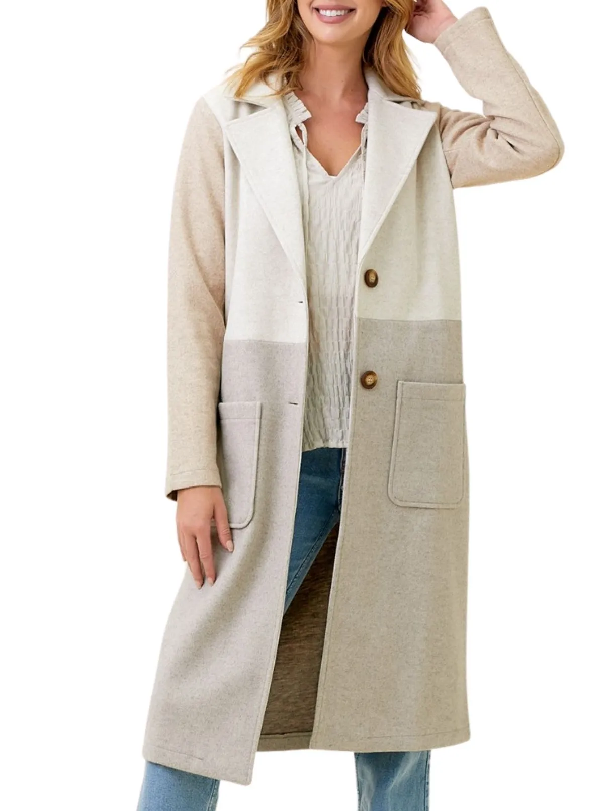 Color Block Long Coat in Oat/Stone