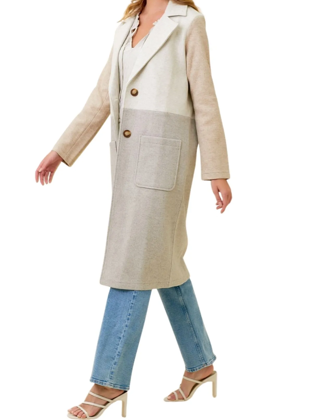 Color Block Long Coat in Oat/Stone