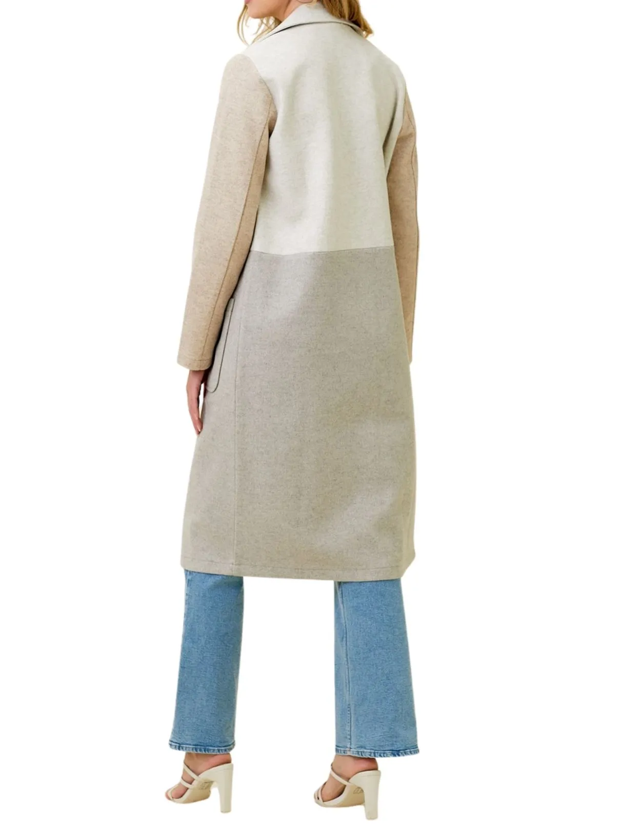 Color Block Long Coat in Oat/Stone