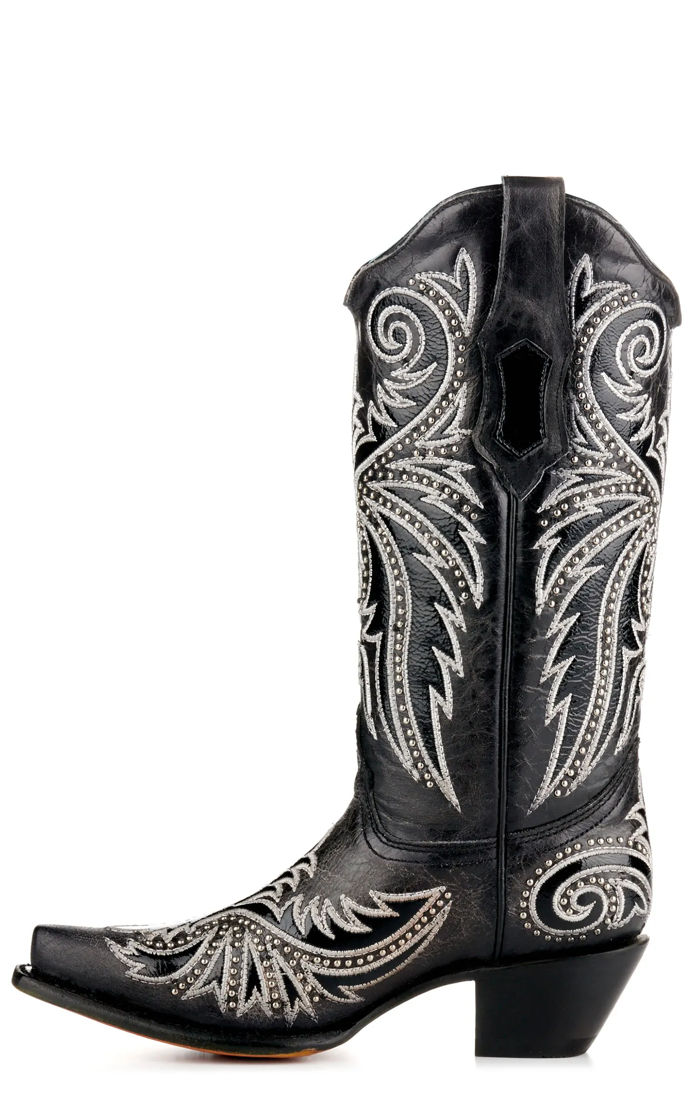 Corral Women's Distressed Black with White Embroidery and Studs Snip Toe Cowboy Boots