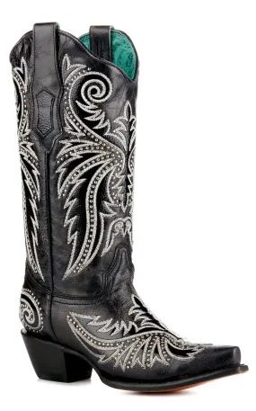 Corral Women's Distressed Black with White Embroidery and Studs Snip Toe Cowboy Boots