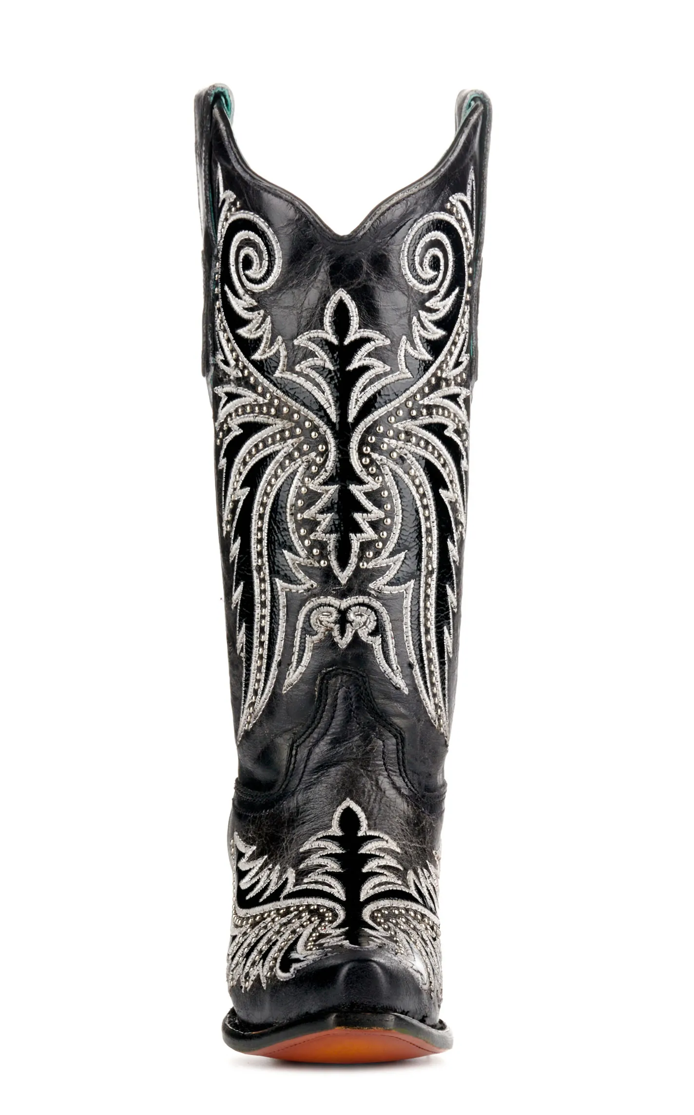 Corral Women's Distressed Black with White Embroidery and Studs Snip Toe Cowboy Boots