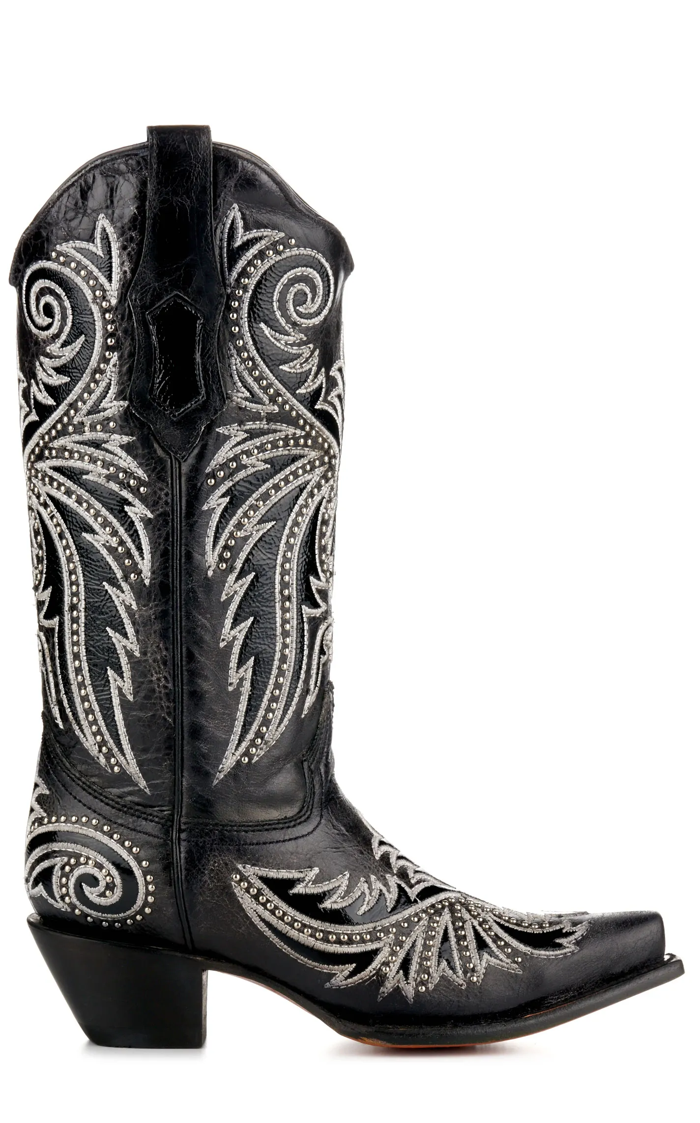 Corral Women's Distressed Black with White Embroidery and Studs Snip Toe Cowboy Boots