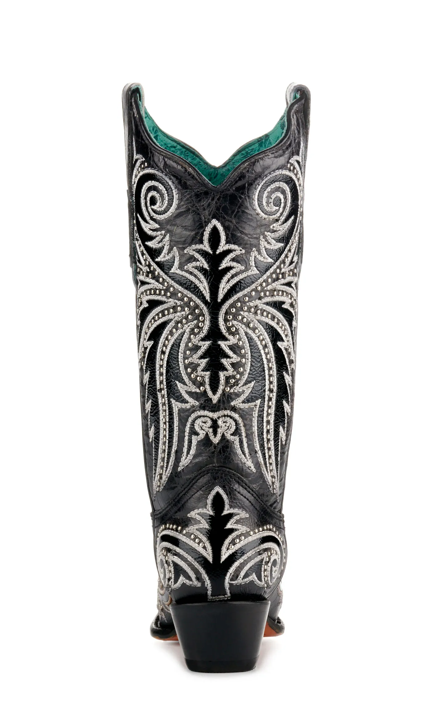 Corral Women's Distressed Black with White Embroidery and Studs Snip Toe Cowboy Boots