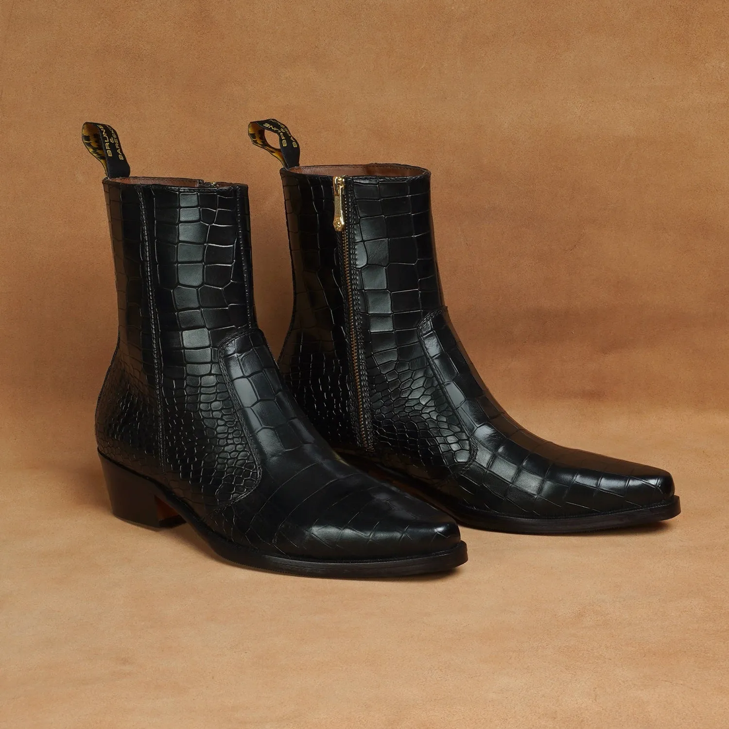 Cow Boy Cuban Heel Black Croco Textured Leather Boot