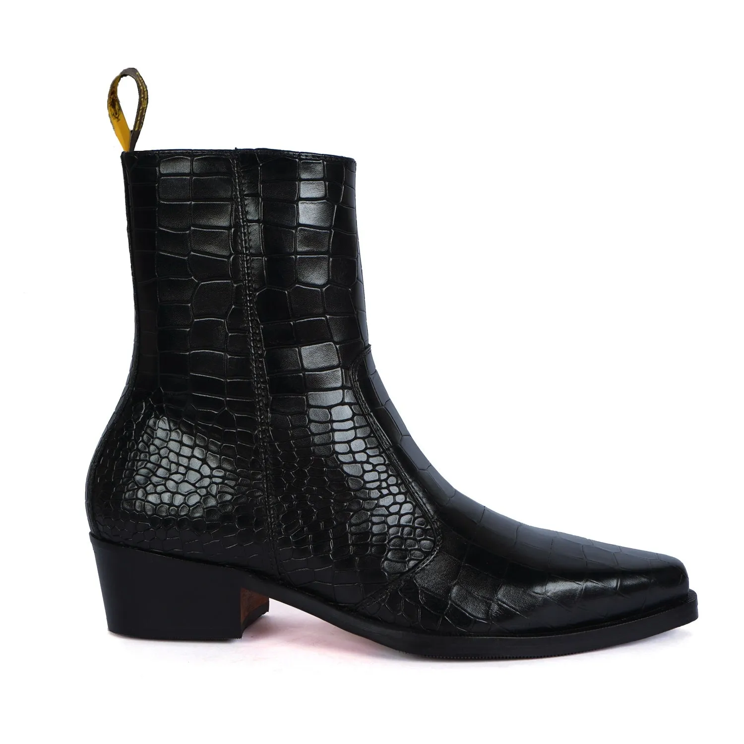 Cow Boy Cuban Heel Black Croco Textured Leather Boot