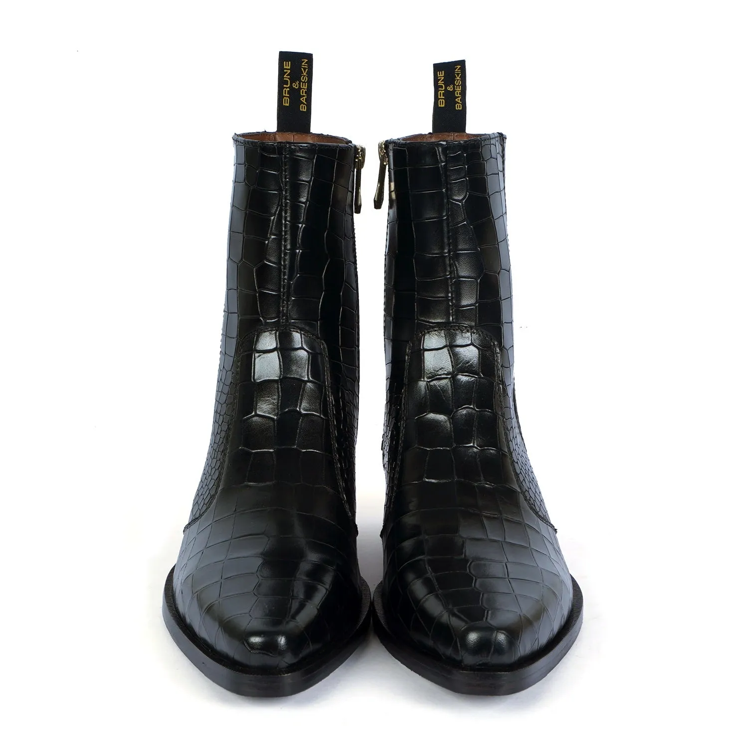 Cow Boy Cuban Heel Black Croco Textured Leather Boot