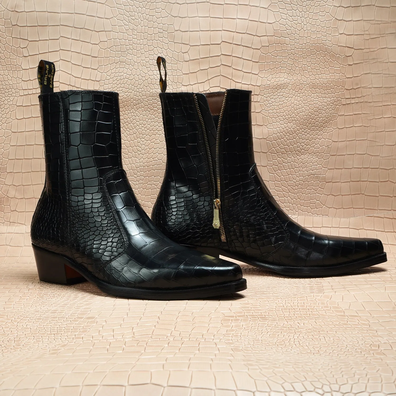 Cow Boy Cuban Heel Black Croco Textured Leather Boot