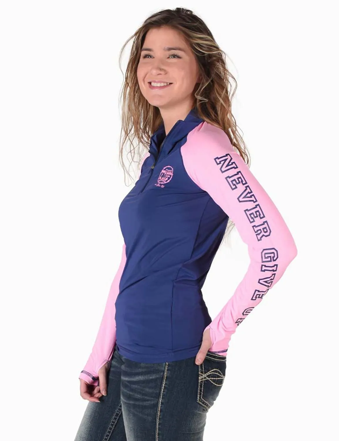 Cowgirl Tuff Womens UPF Quarter Zip Indigo/Bubblegum Nylon Softshell Jacket