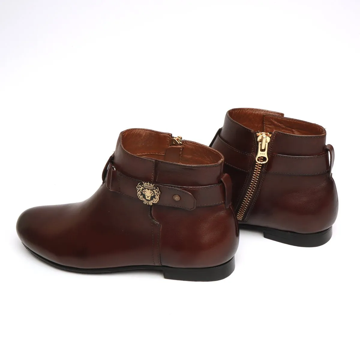 Dark Brown Comfort Adjustable Buckle Straps Ladies Boot With Signature Metal Lion Logo