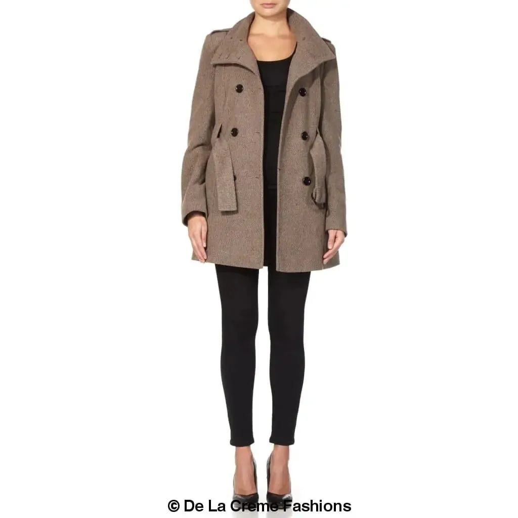 De La Creme - Womens Military Style Wool Belted Coat