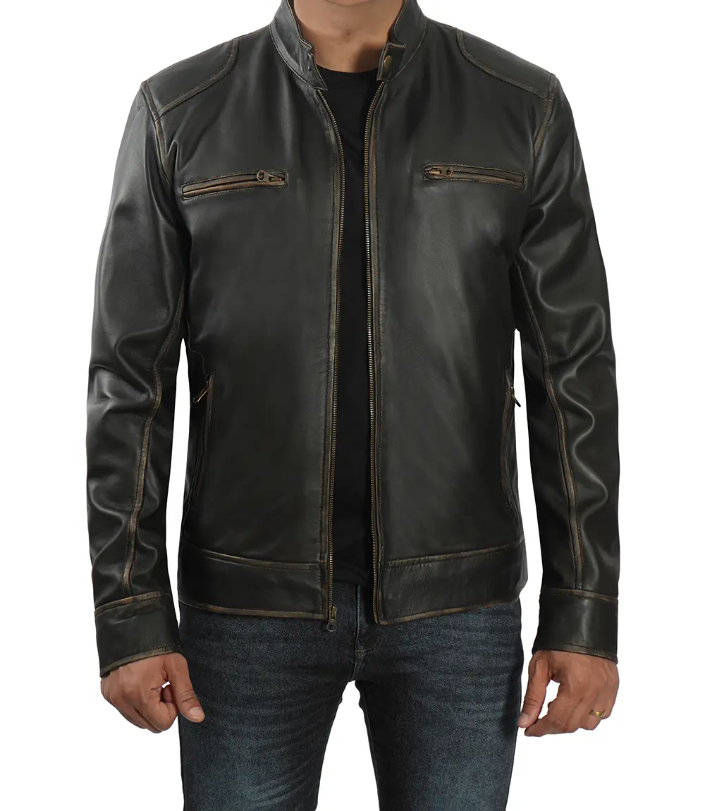 Dodge Men's Rub-off Dark Brown Cafe Racer Leather Jacket