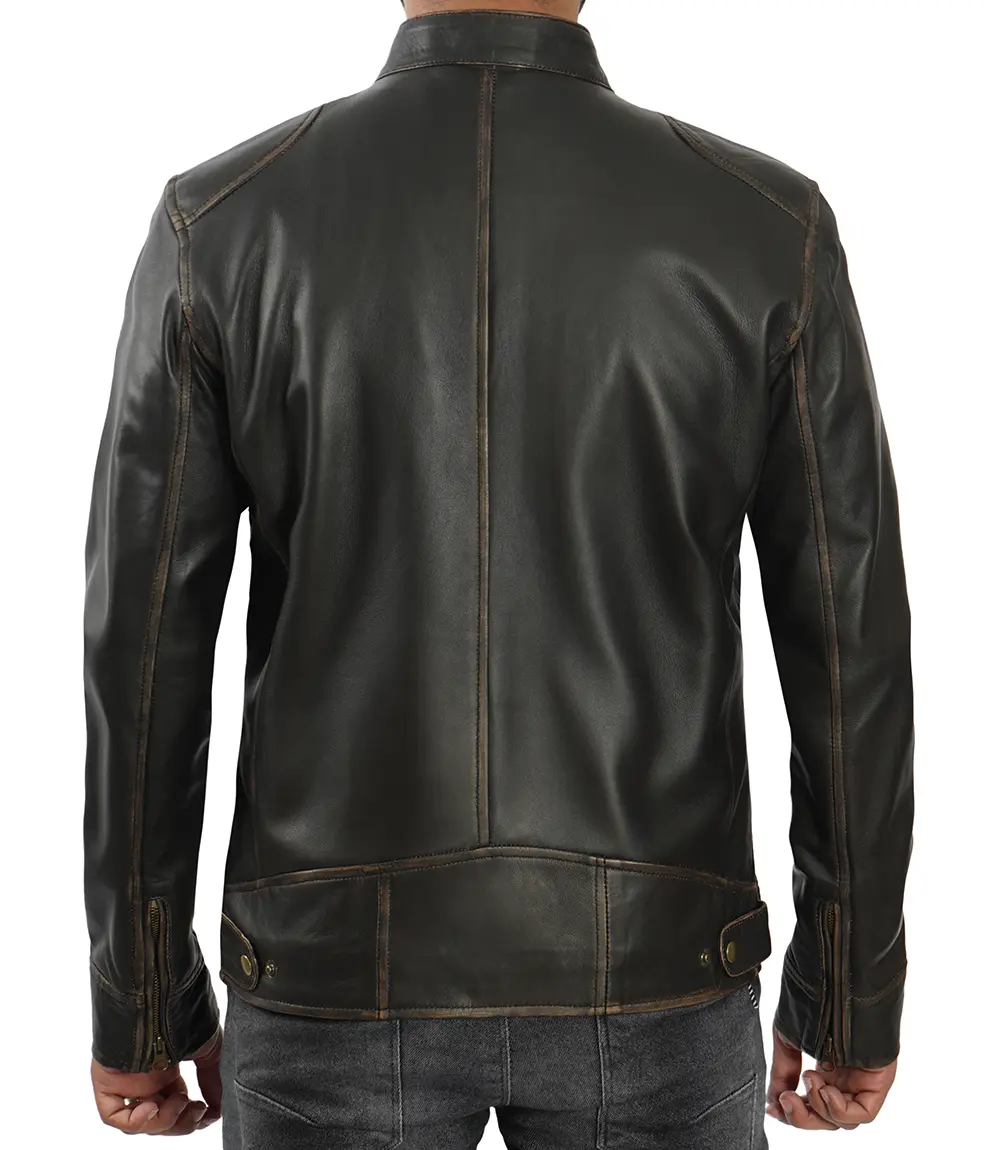 Dodge Men's Rub-off Dark Brown Cafe Racer Leather Jacket