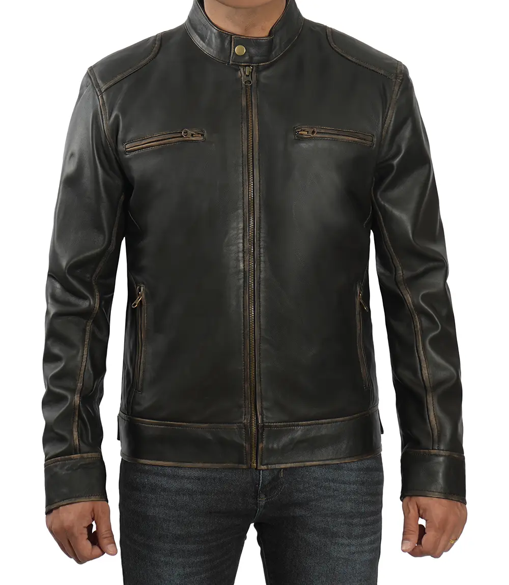 Dodge Men's Rub-off Dark Brown Cafe Racer Leather Jacket