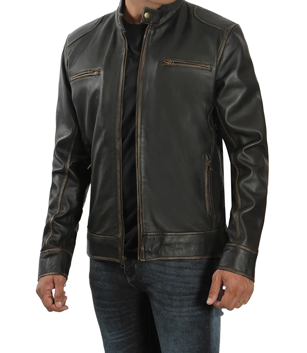 Dodge Men's Rub-off Dark Brown Cafe Racer Leather Jacket