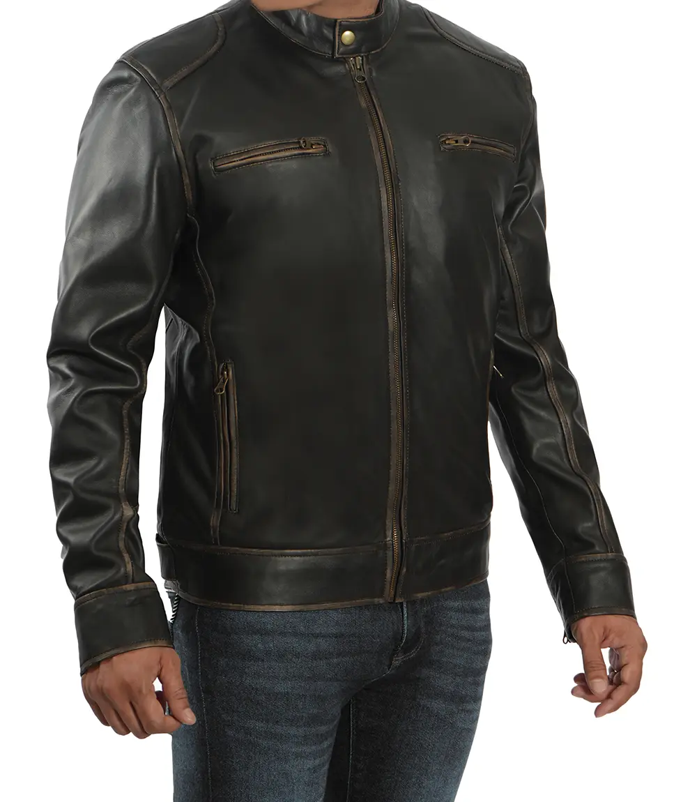 Dodge Men's Rub-off Dark Brown Cafe Racer Leather Jacket