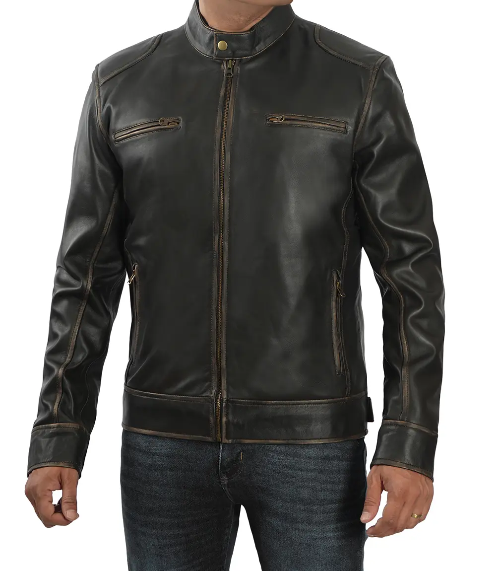 Dodge Men's Rub-off Dark Brown Cafe Racer Leather Jacket