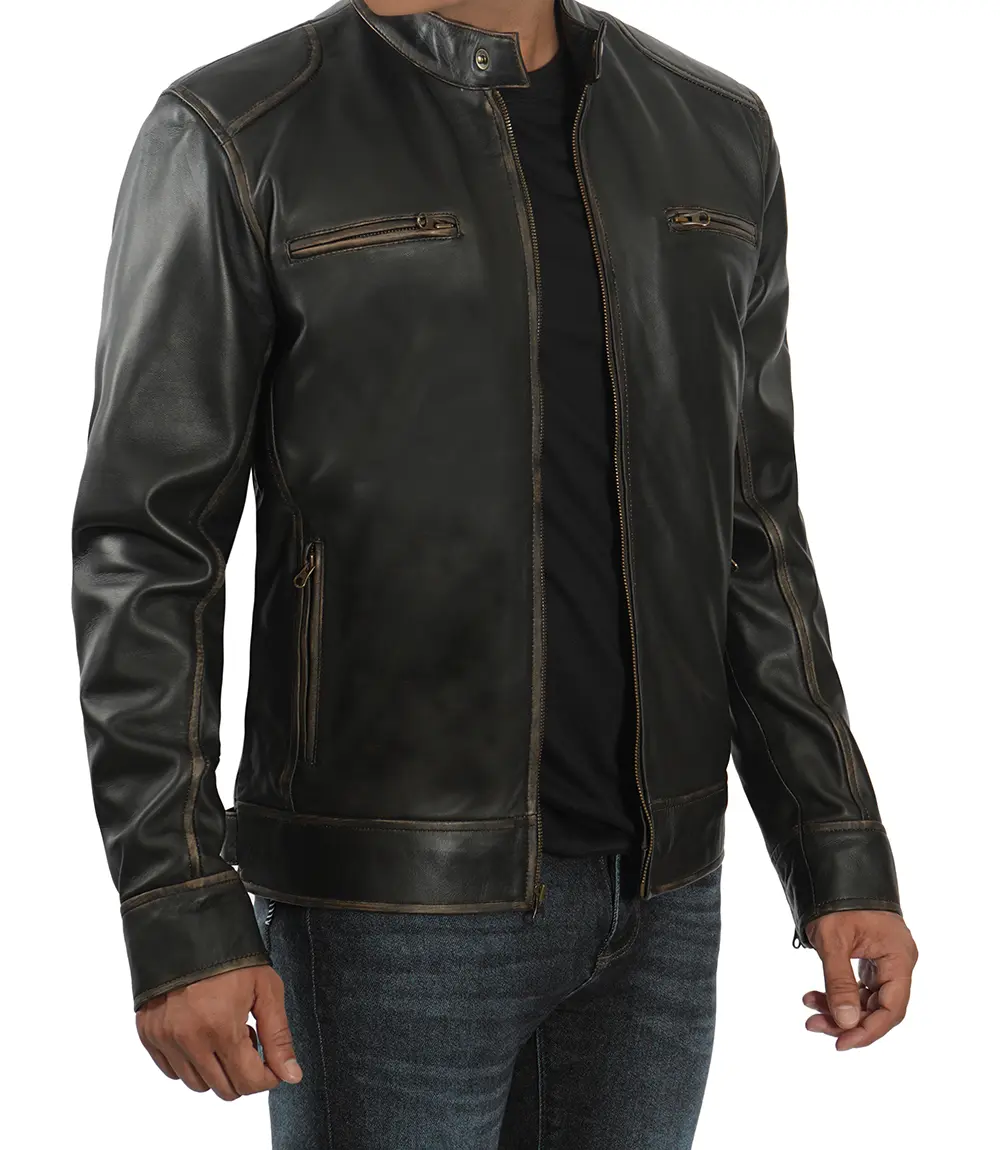 Dodge Men's Rub-off Dark Brown Cafe Racer Leather Jacket