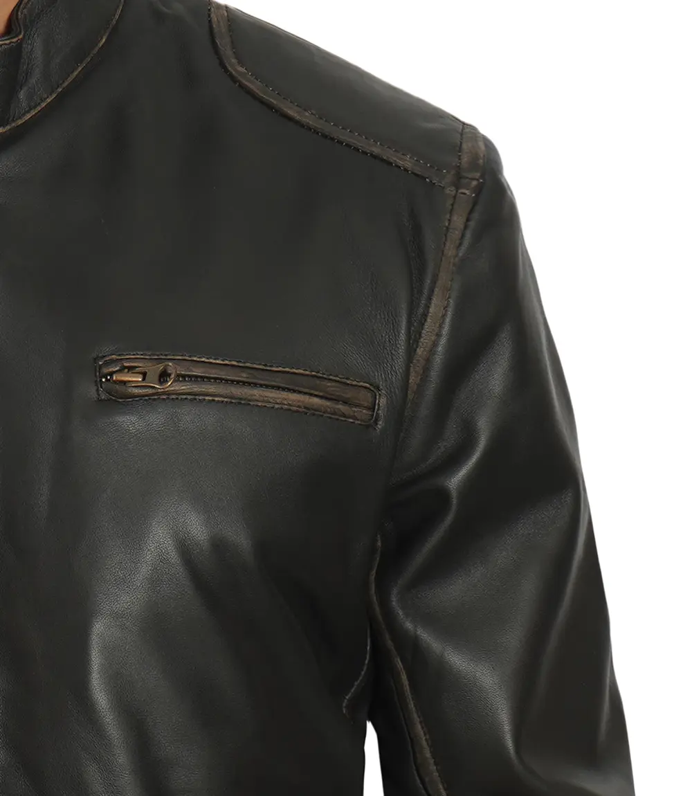 Dodge Men's Rub-off Dark Brown Cafe Racer Leather Jacket