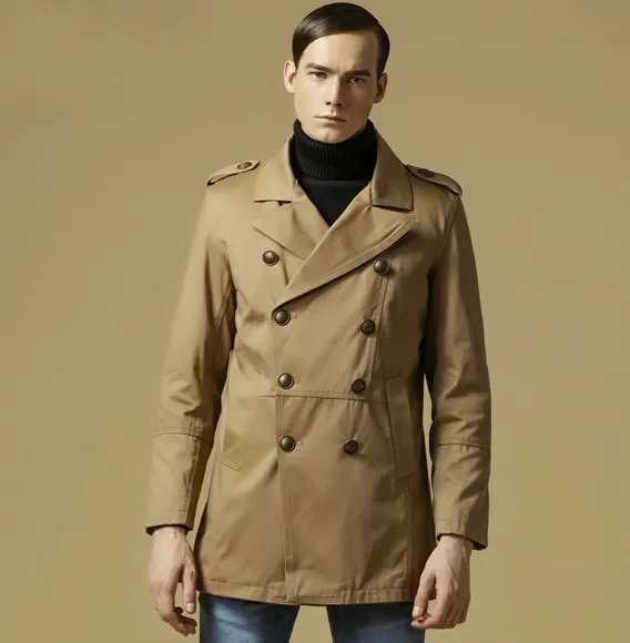 Double Breasted Trench Coat for Men with Slim Fit Cut