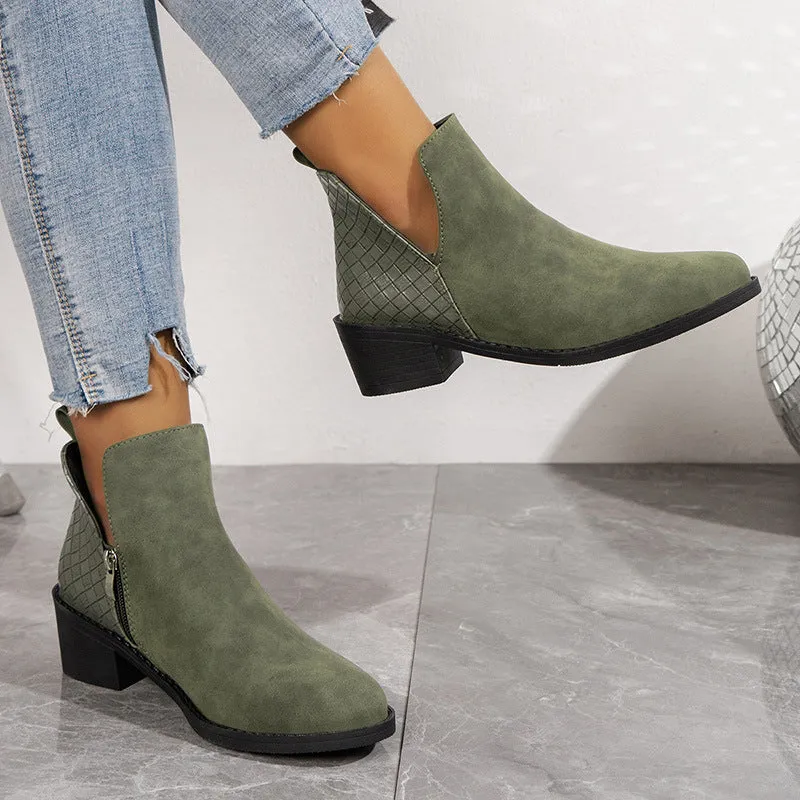 Fashion V-cut Side Zipper Boots Printed Square Heel Ankle Boots