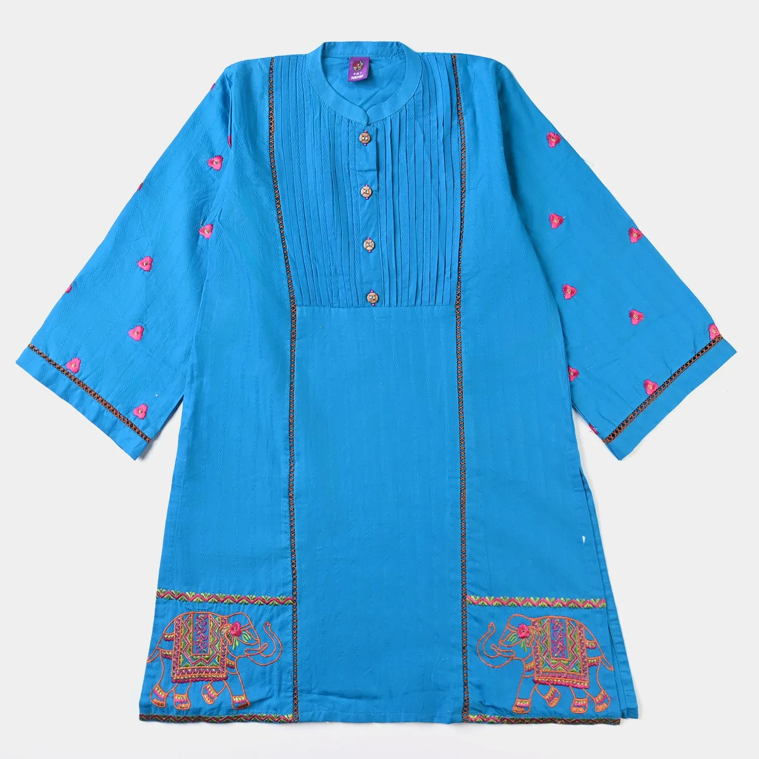 Girls Jacquard EMB Kurti Elephant-Teal