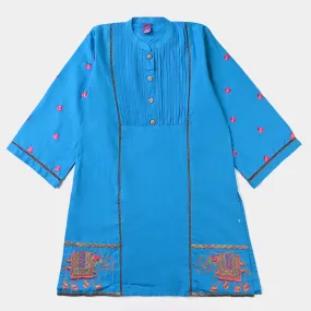 Girls Jacquard EMB Kurti Elephant-Teal