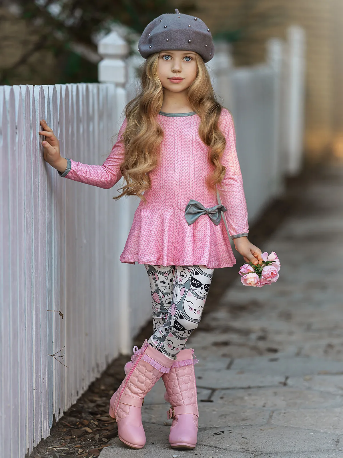 Girls Long Sleeve Peplum Bow Tunic And Legging Set