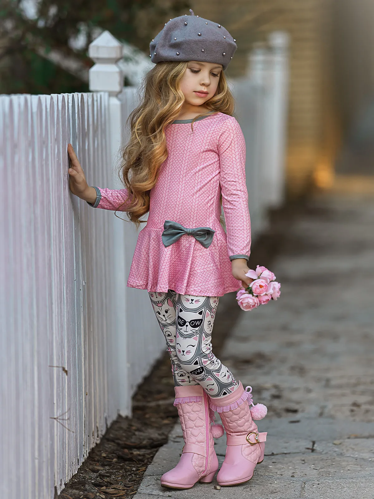 Girls Long Sleeve Peplum Bow Tunic And Legging Set