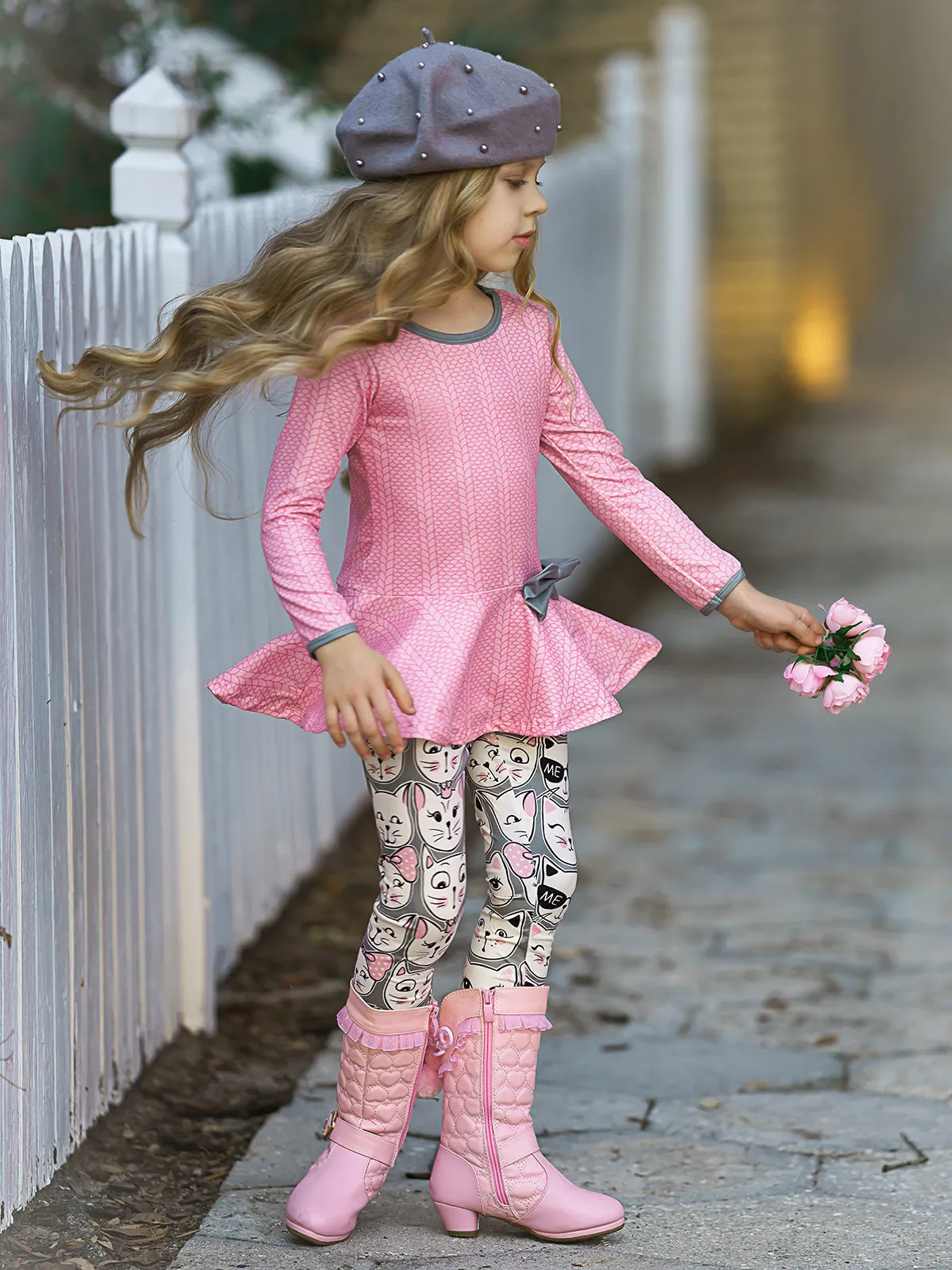 Girls Long Sleeve Peplum Bow Tunic And Legging Set