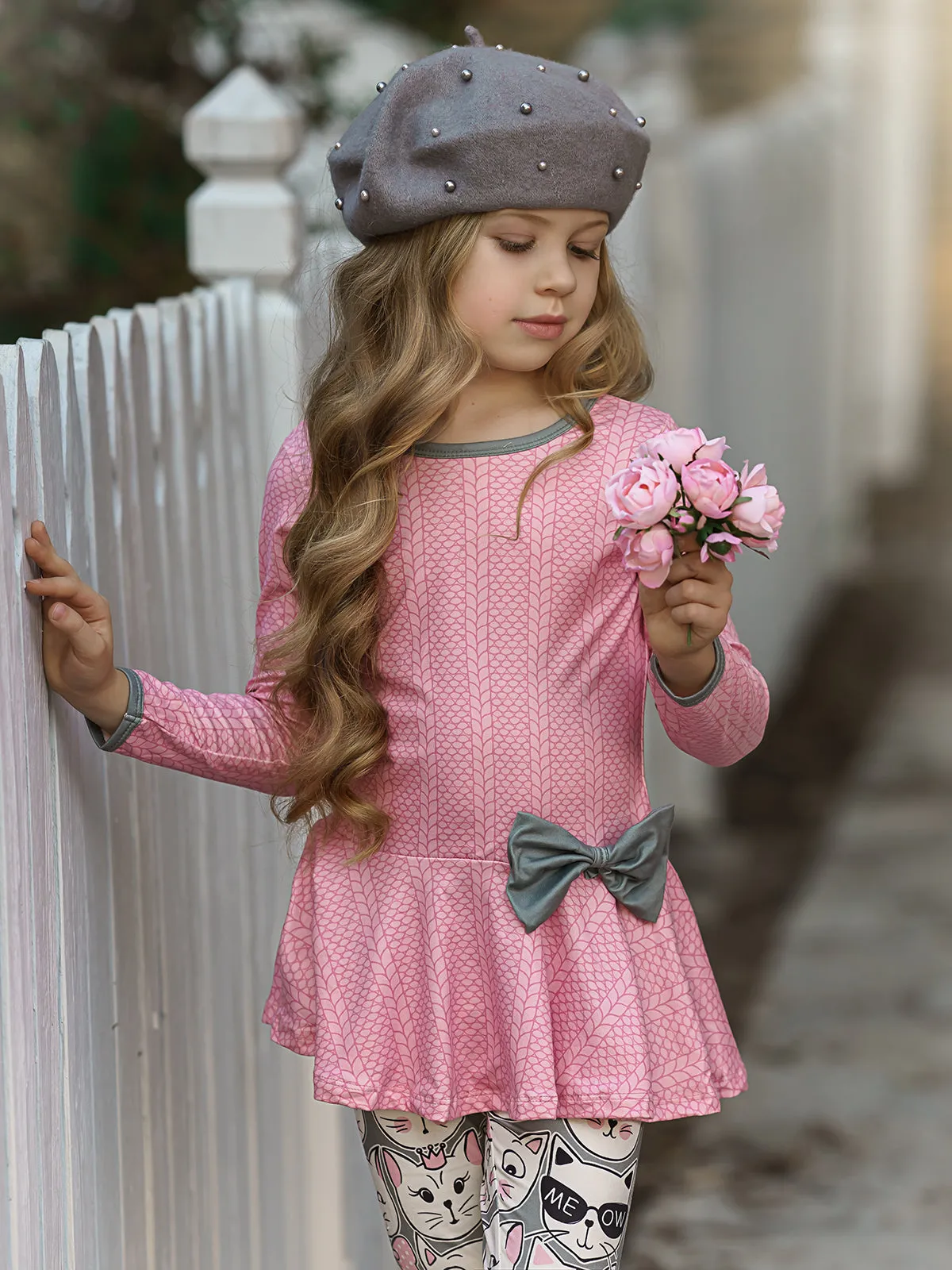 Girls Long Sleeve Peplum Bow Tunic And Legging Set