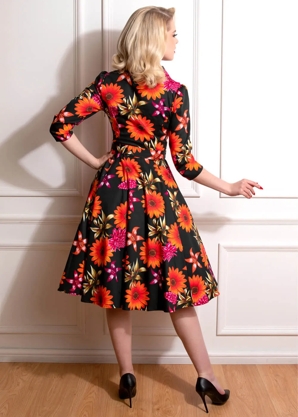 Hearts & Roses Eden Floral 50's Swing Dress Black