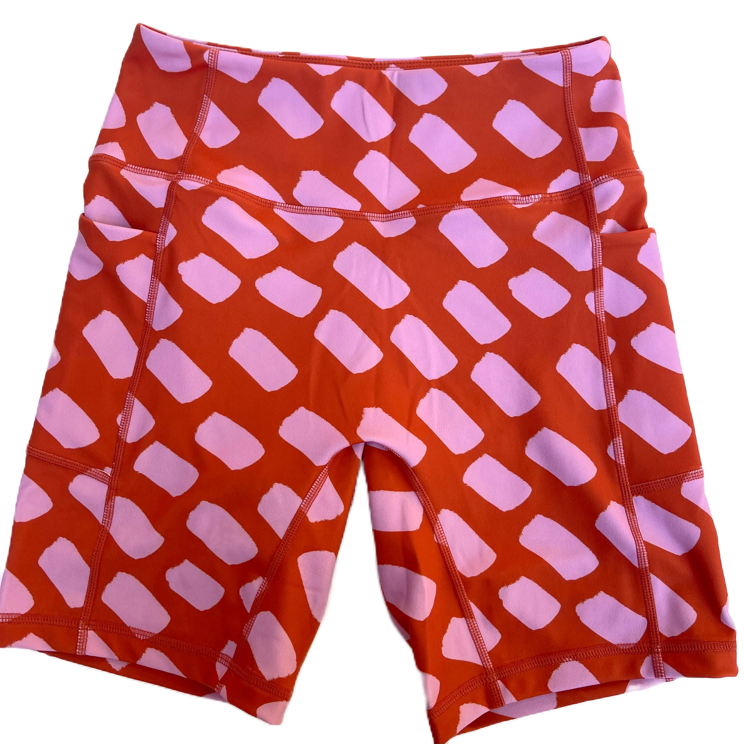 High-waisted Bike Short --  Burnt Sienna and pink dash