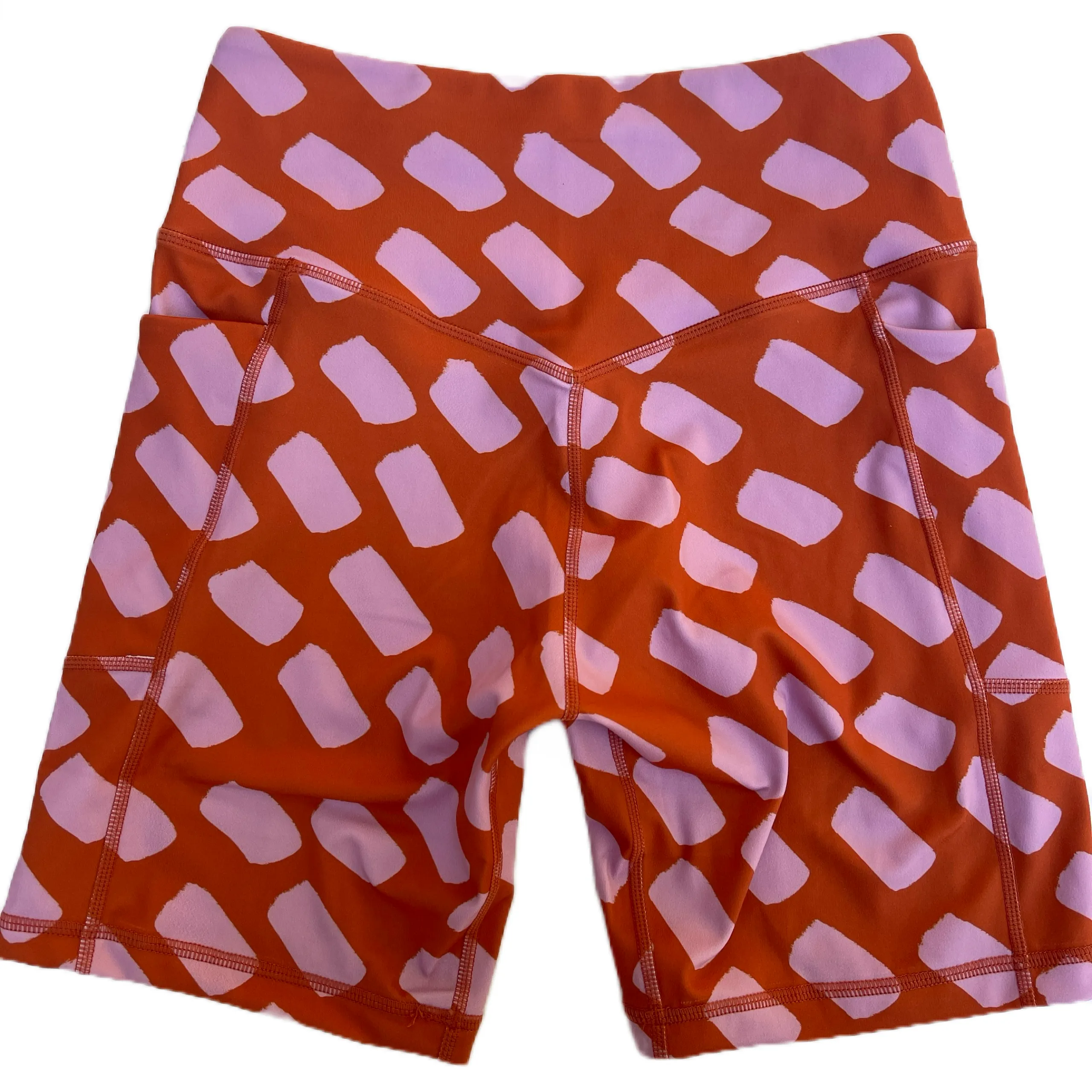 High-waisted Bike Short --  Burnt Sienna and pink dash