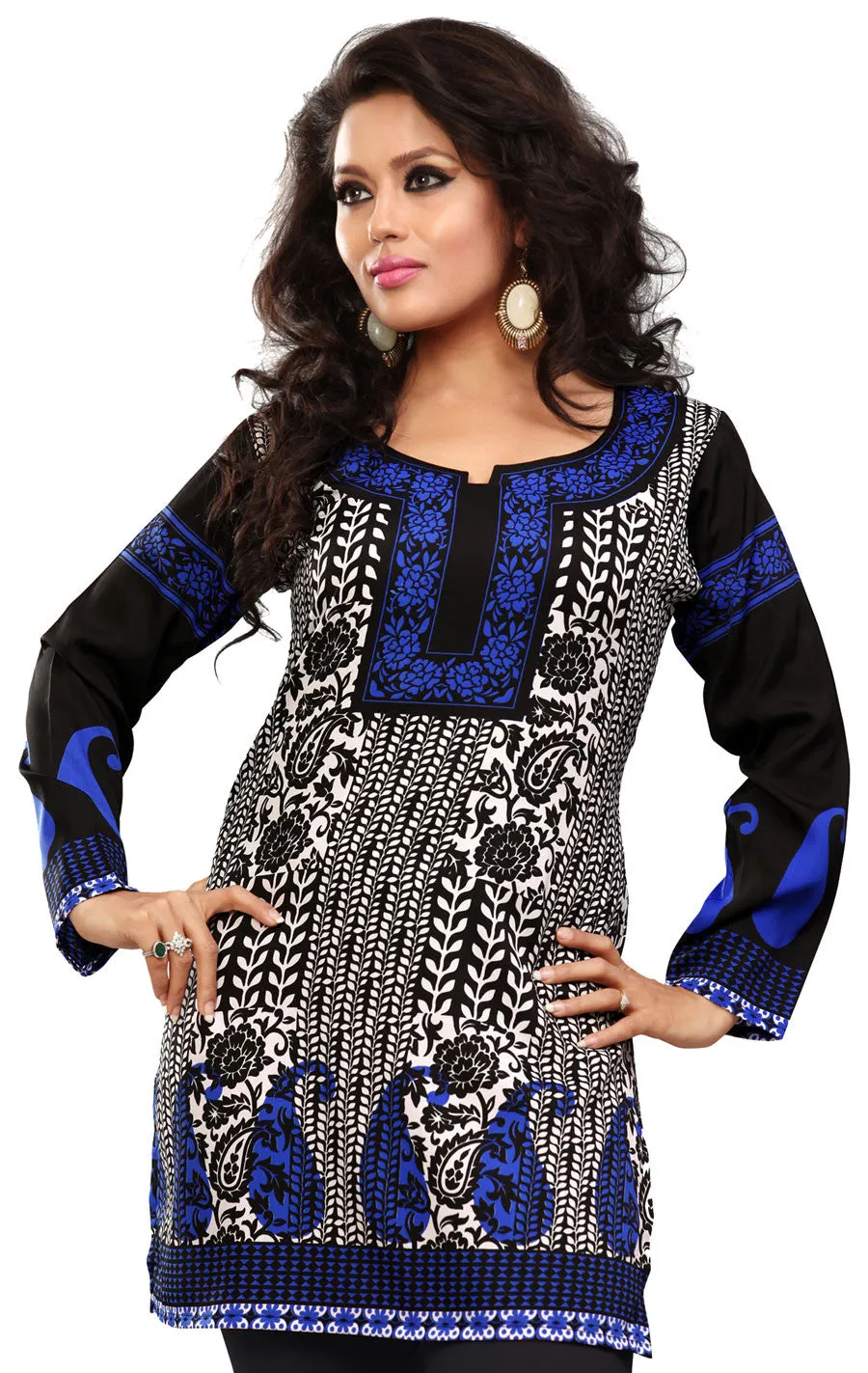 India Tunic Top Kurti Womens Long Blouse Indian Apparel (Black)